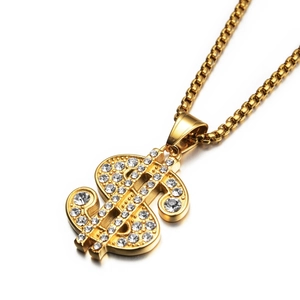 Collar con Colgante de Signo de Dólar Hip Hop para Hombre Mujer Acero Inoxidable Pavé Diamantes de Imitación Color Dorado Joyería de Moda