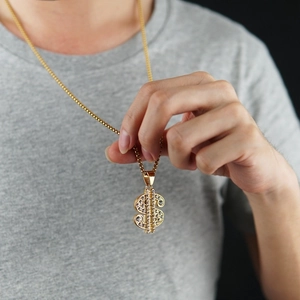 Collar hip hop con colgante de signo de dólar dorado con cristales y cadena de caja