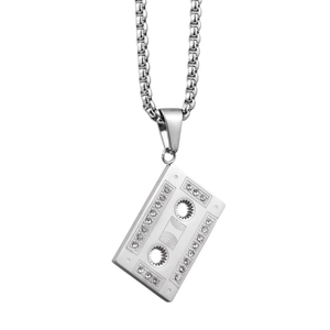 Hip hop vintage cassette tape pendant necklace with sparkling crystals in silver finish