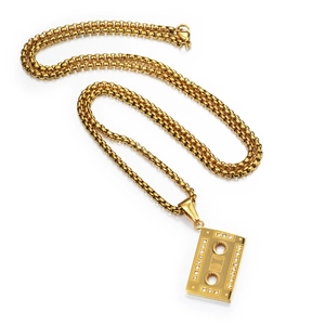 Hip-hop gold plated stainless steel cassette pendant necklace with zircon crystals