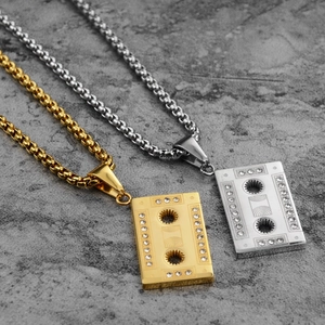 Hip Hop Retro Cassette Tape Pendant Necklace For Men Women Titanium Steel Inlaid Rhinestone DJ Music Jewelry Gift