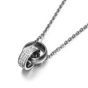 Hip hop style double interlocking ring necklace with crystal zircons and polished finish
