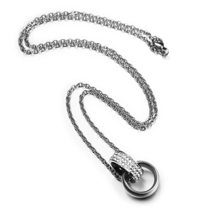 Hip hop silver double interlocking ring necklace with micro-paved rhinestones on titanium chain