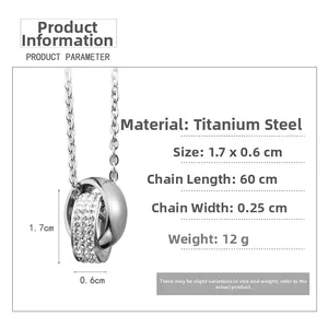 Detailed specs of titanium steel necklace with interlocked polished and crystal rings