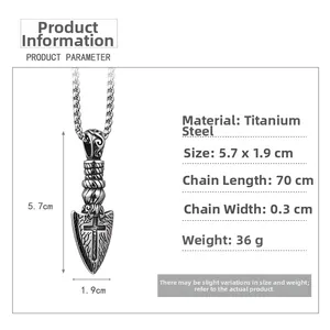 Macro shot of silver arrow pendant with cross engraving and detailed size specifications