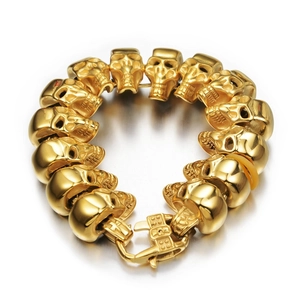Hip hop gold skull link bracelet in polished stainless steel with lobster clasp
