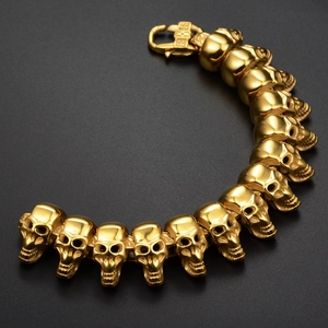 Golden punk rock skull link bracelet in polished titanium steel for men and women