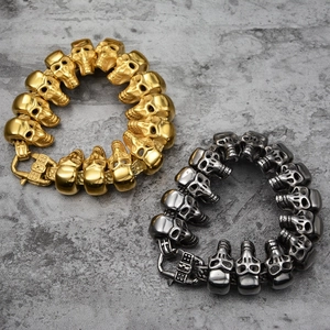 Punk Stainless Steel Skull Bracelet For Men Women Hip Hop Gothic Jewelry Heavy Metal Gold Silver Skull Link Chain Bracelet