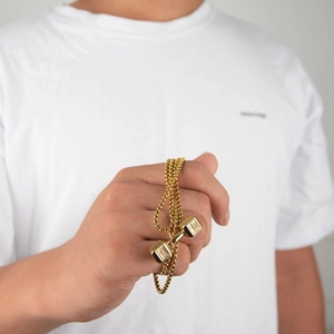 Hip-hop style golden dumbbell pendant necklace with bead chain for fitness enthusiasts