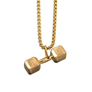 Polished gold stainless steel dumbbell pendant necklace with 70KG engraving for fitness