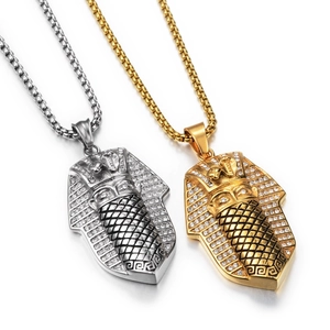Hip Hop Pharaoh Mask Pendant Necklace Stainless Steel Rhinestone Egyptian King Jewelry For Men Women Gold Silver Accessory