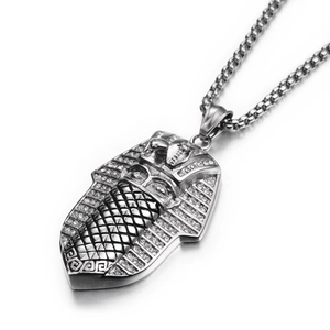 Detail of silver Egyptian Pharaoh pendant with pave set zircons and metallic bead chain