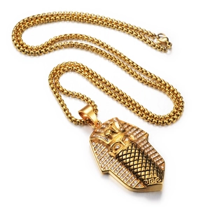 Hip hop classic Pharaoh mask pendant necklace in gold stainless steel with sparkling stones