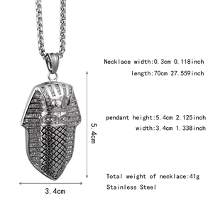Detail view of Pharaoh pendant necklace in silver stainless steel with size measurements