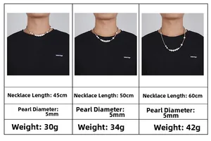 Size chart showing hip-hop pearl necklace lengths 45cm 50cm and 60cm with weights