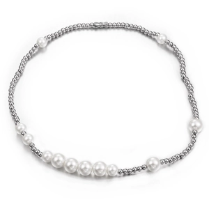 Minimalist hip-hop titanium steel necklace with white pearls and silver metal beads
