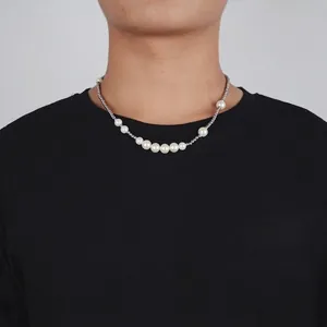 Hip Hop Unisex Titanium Steel Faux Artificial Pearl Beaded Necklace Simple Street Style Splicing Chain Jewelry For Daily Party Gift