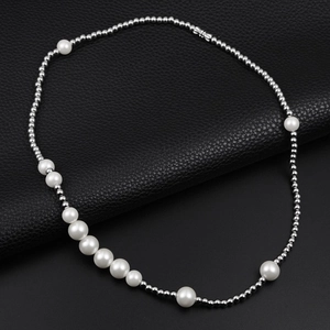 Hip hop pearl necklace with silver beads and asymmetric gradient design for men and women