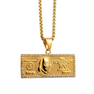Hip hop gouden ketting met 100 dollar biljet hanger en fonkelende kristallen voor hem