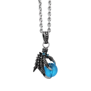 Collar hip hop de garra de dragón con piedra azul y cadena de acero inoxidable pulido