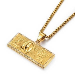 Hip Hop 100 Dollar Briefje Hanger Halsketting Roestvrij Staal Verguld Strass Valuta Sieraden Voor Heren Dames Feest Streetwear