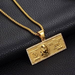 Hip hop 100 dollar biljet hanger ketting met zirkonia rand op zwart leer