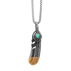 Collier Pendentif Plume Hip Hop Rétro Pour Hommes Femmes En Acier Inoxydable Incrusté De Turquoise Bijoux De Style Ethnique