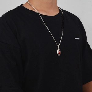 Hip-hop silver titanium steel necklace with oval red gemstone pendant on square pearl chain