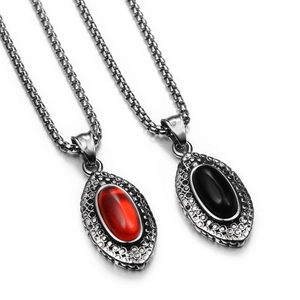 Retro Hiphop Stainless Steel Necklace For Men Women Oval Red Black Gemstone Pendant Gothic Punk Style Jewelry Accessories