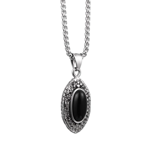 Hiphop oval pendant necklace with black gemstone and box chain in silver steel