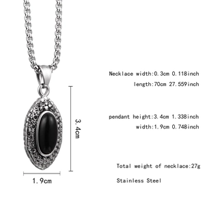 Detailed technical specifications for the black agate oval pendant with square link chain