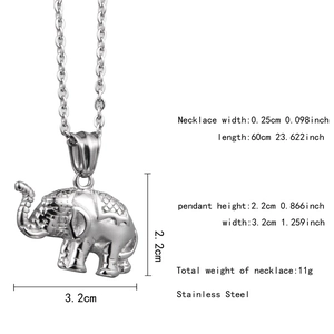 Tableau de tailles détaillé indiquant les dimensions du pendentif éléphant gravé en acier