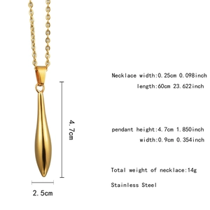 Detail view of golden stainless steel teardrop pendant with dimensions and chain specs