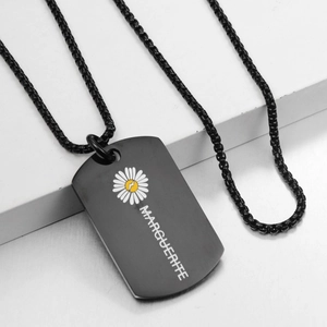 Hiphop black stainless steel dog tag necklace with daisy flower and lightning bolt pattern