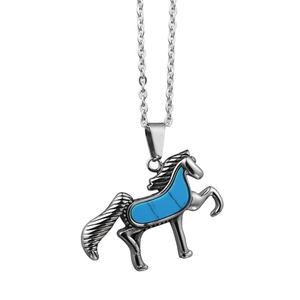 Vintage Titanstahl Pferd Anhänger Halskette Blauer Stein Einlage Hiphop Ethnischen Stil Schmuck Geschenk Für Herren Damen