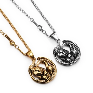 Hip hop vintage cat in crescent moon necklace with zircons in gold and silver finish