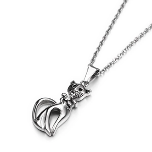 Hip hop silver polished stainless steel cat pendant necklace with crystal bow tie charm