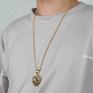 Hip hop gold tiger head pendant necklace with cuban link chain and sparkling zircon