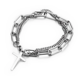 Bracelet Double Rang en Acier au Titane Hiphop Industriel Pendentif Croix Poli Bijoux Punk Street pour Hommes Femmes Quotidien