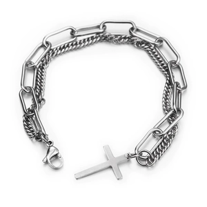 Bracelet double couche hip hop argenté avec pendentif croix et fermoir mousqueton