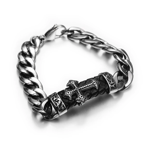 Vintage Punk Stainless Steel Cross Bracelet For Men Women Hiphop Braided Leather Cuban Link Chain Gothic Jewelry Gift