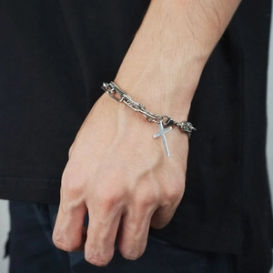 Bracelet double couche en titane argenté hip-hop avec pendentif croix pour hommes et femmes