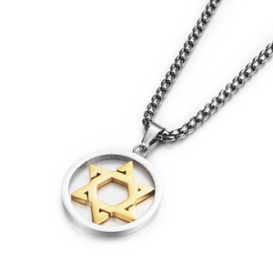 Collier hiphop avec pendentif rond argenté, étoile de David dorée et chaîne en acier