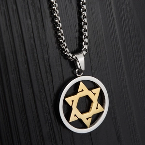 Collier hexagramme hip hop avec étoile de David dorée et cercle argenté en acier titane