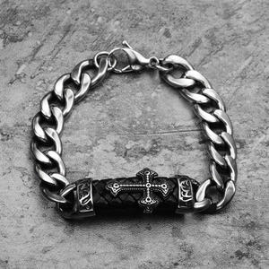 Hip hop vintage titanium steel cross bracelet with cuban chain and black leather strap