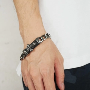Hip-hop vintage cross bracelet for men with black woven leather and silver steel detailing
