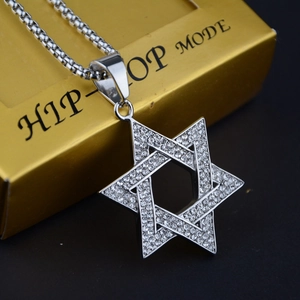 Hip-hop hexagram pendant necklace with full diamond inlay and stylish silver finish