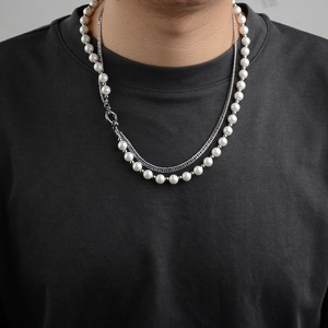 Double Layered Necklace With White Artificial Pearls And Stainless Steel Flat Chain Hip Hop Trendy O-Ring Clasp Jewelry For Men Women