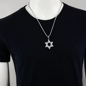 Hip hop silver hexagonal star pendant necklace with cubic zirconia on a box chain
