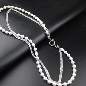 Hiphop double layer pearl and silver curb chain necklace with stylish round clasp